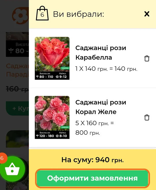 Кошик і кнопка Оформити замовлення